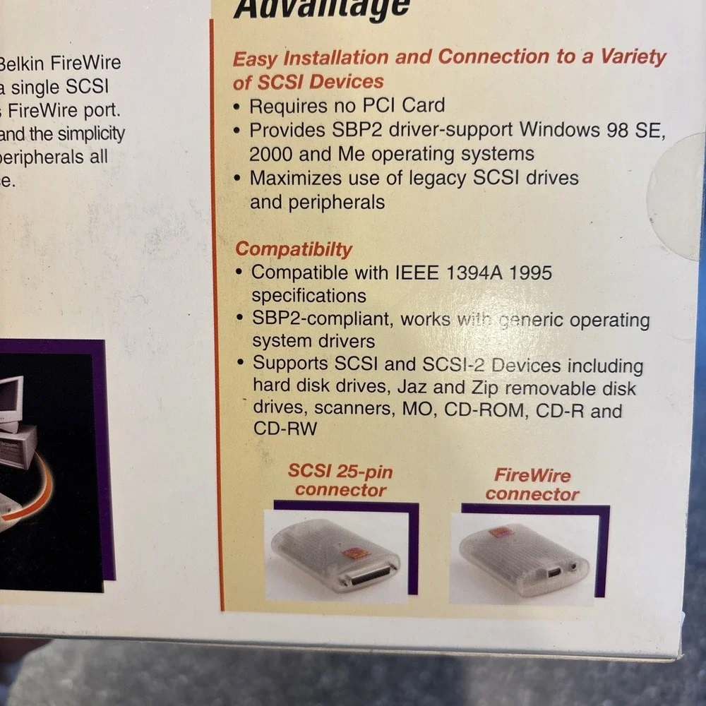 BRAND NEW SEALED WINDOWS 98SE / 2000/ ME Belkin F5U541 FireWire to SCSI Adapter